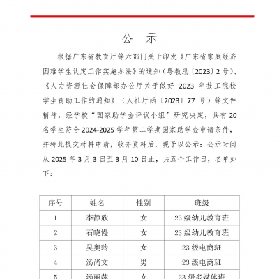 2024-2025學(xué)年第二學(xué)期國家助學(xué)金推薦公示